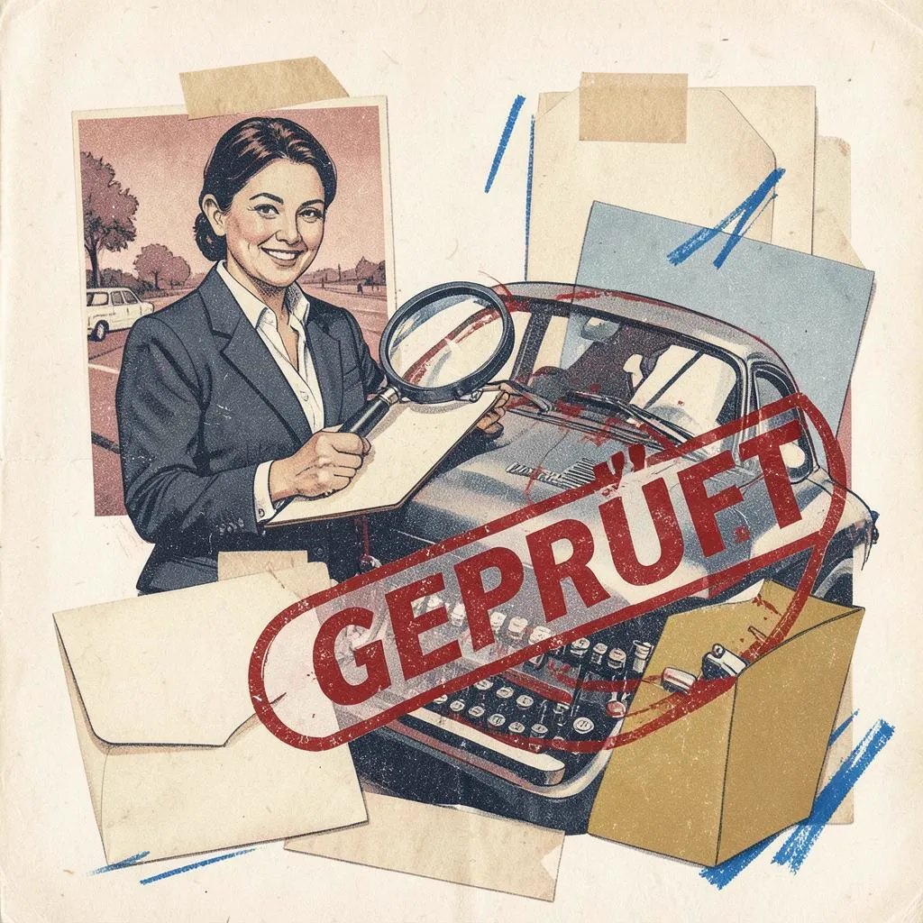 Illustration einer Gutachterin mit Lupe und Klemmbrett, darüber ein roter Geprüft-Stempel